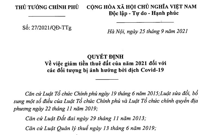 Quyết định 27/2021/QĐ-TTg về việc giảm tiền thuê đất của năm 2021