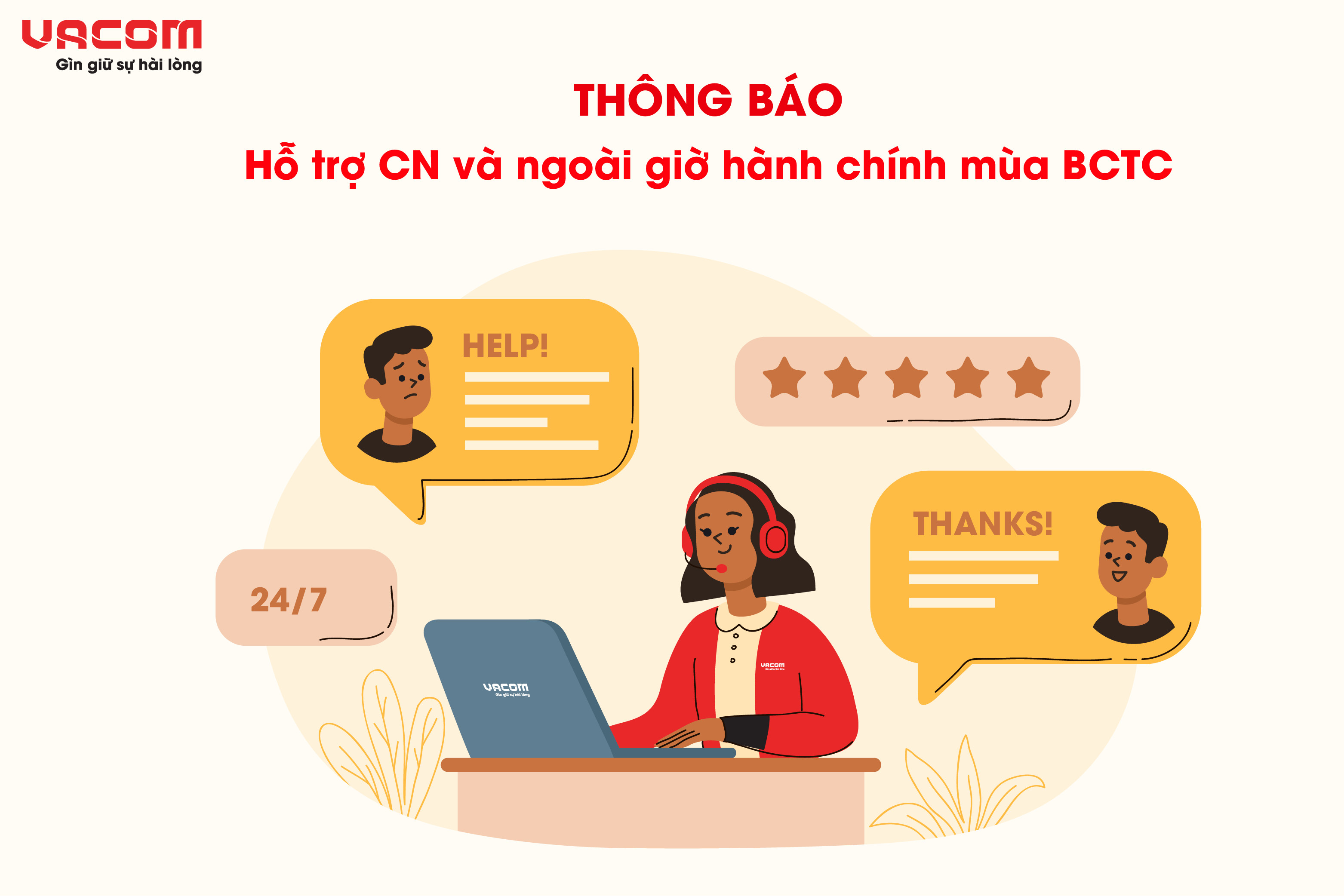 VACOM thông báo làm việc chủ nhật và hỗ trợ ngoài giờ hành chính tuần 2