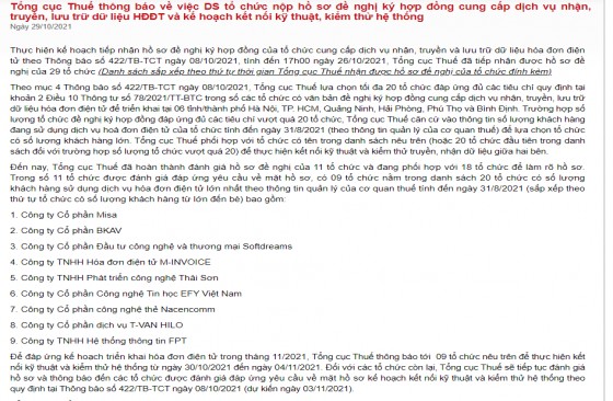 Danh sách tổ chức nộp hồ sơ đề nghị ký hợp đồng cung cấp dịch vụ nhận, truyền, lưu trữ dữ liệu HĐĐT theo thông tư 78